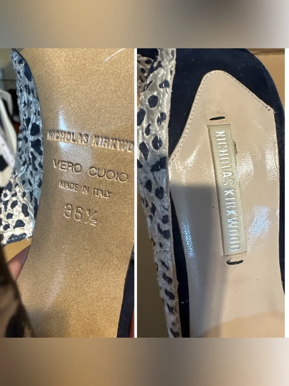 NICHOLAS KIRKWOOD BLACK & TAUPE ANIMAL PRINT SLINGBACK PLATFORM HEELS (36.5)